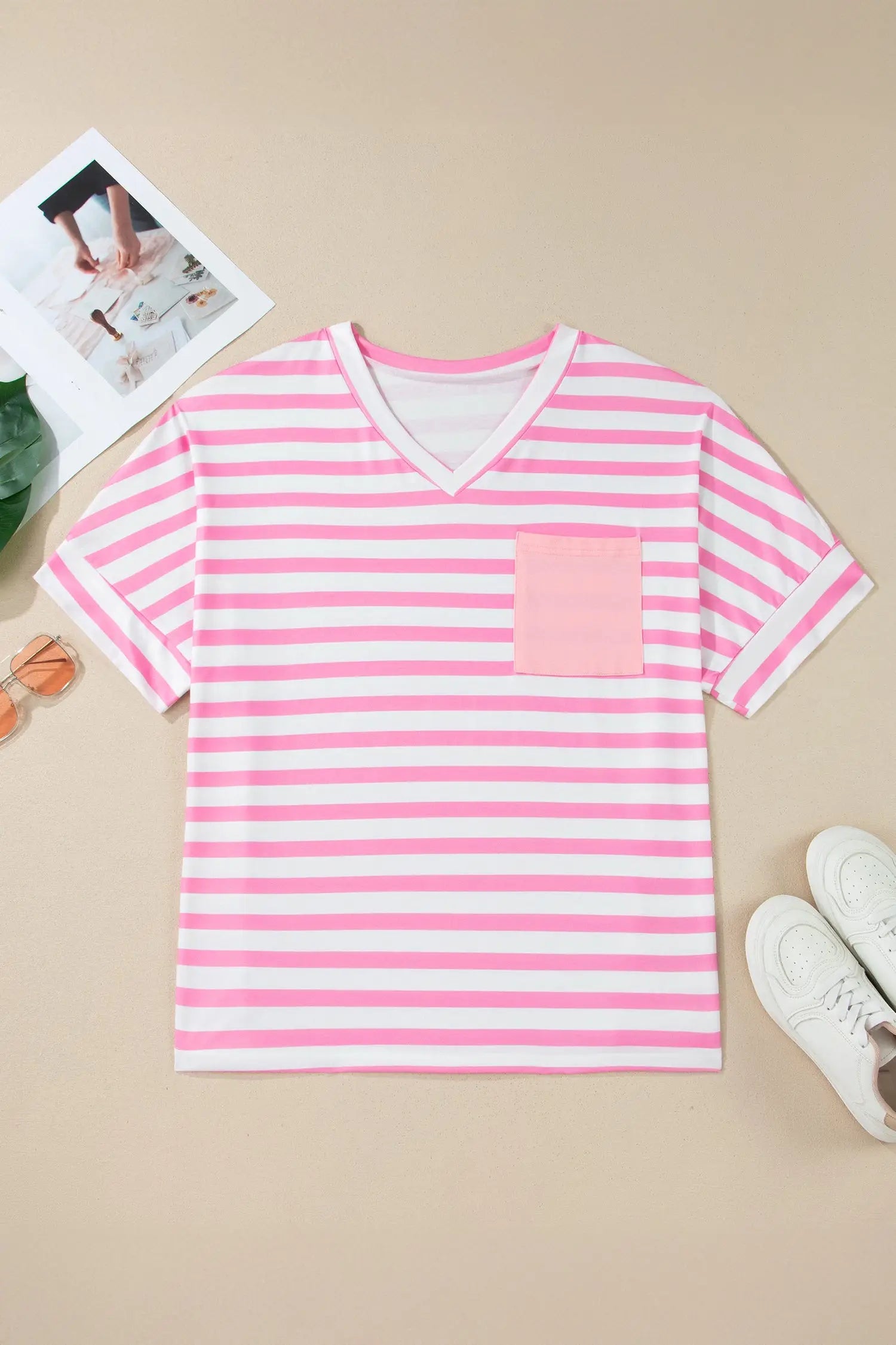 Plus size stripe colourblock v-neck tee patched pocket short sleeve uk | fashionfitz