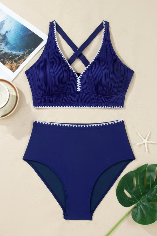 Shell stitch v neck high waist bikini set adjustable straps removable pads classic bikinis