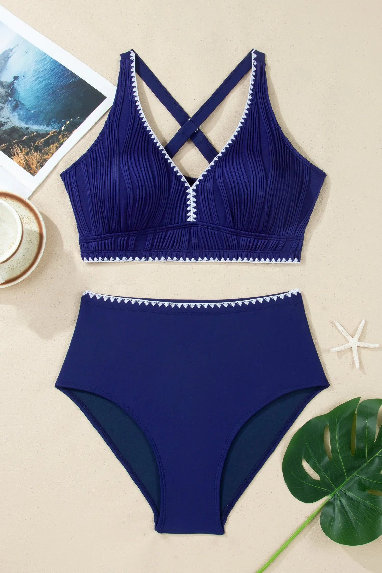 Shell stitch v neck high waist bikini set adjustable straps removable pads classic bikinis