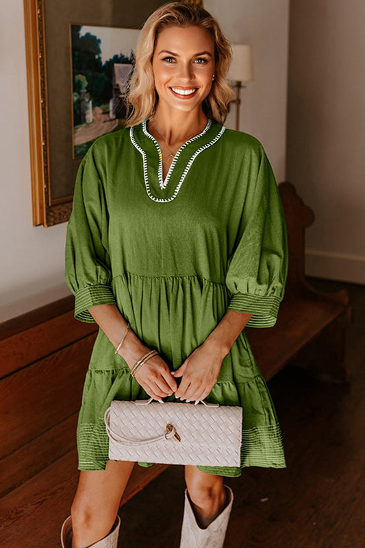 Stitch Detail Tiered V Neck Dress