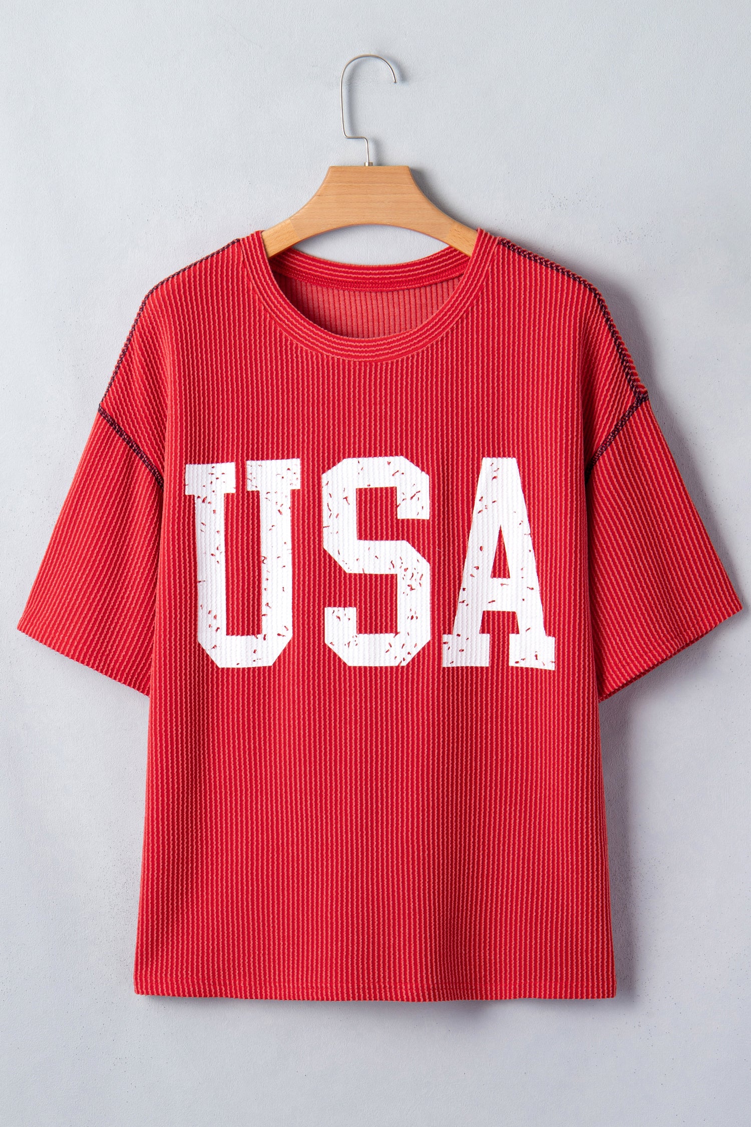 USA Graphic Ribbed Half Sleeve Loose Top Round Neck Tunic Length