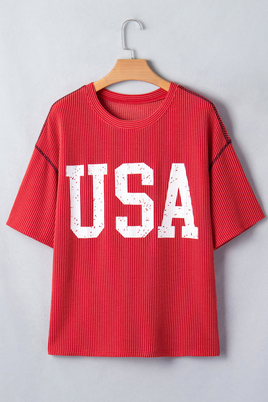 USA Graphic Ribbed Half Sleeve Loose Top Round Neck Tunic Length