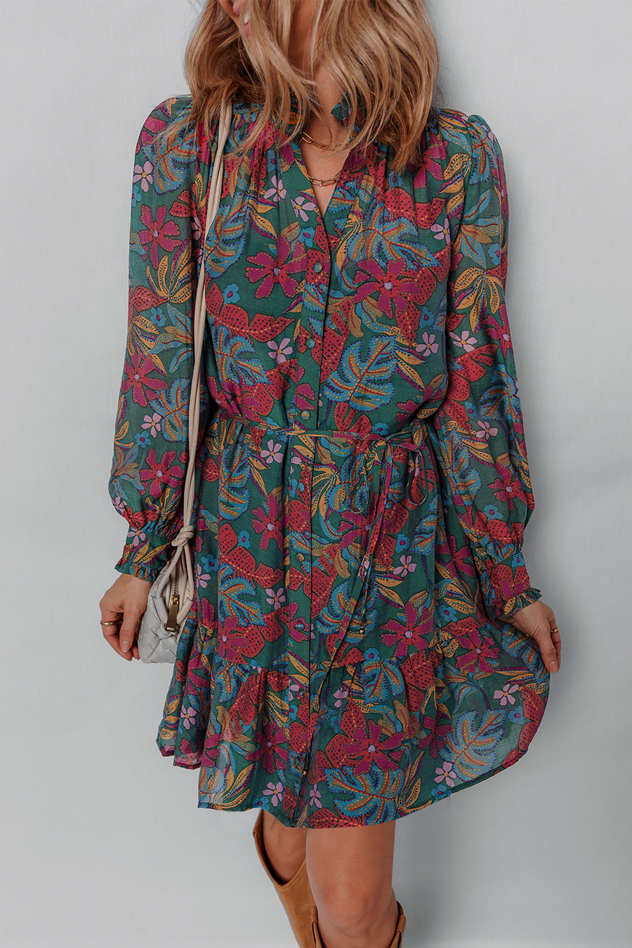 Green Floral Frill V Neck Puff Sleeve Ruffled Shirt Dress Women UK