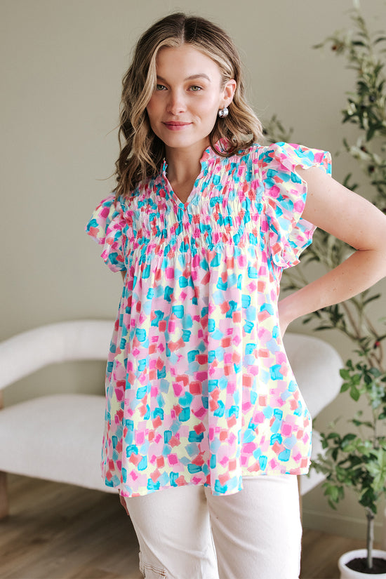 Shirred  Blouse - Ruffled Abstract Print
