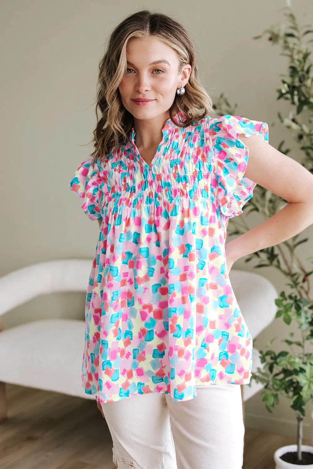 Shirred blouse - ruffled abstract print blouses