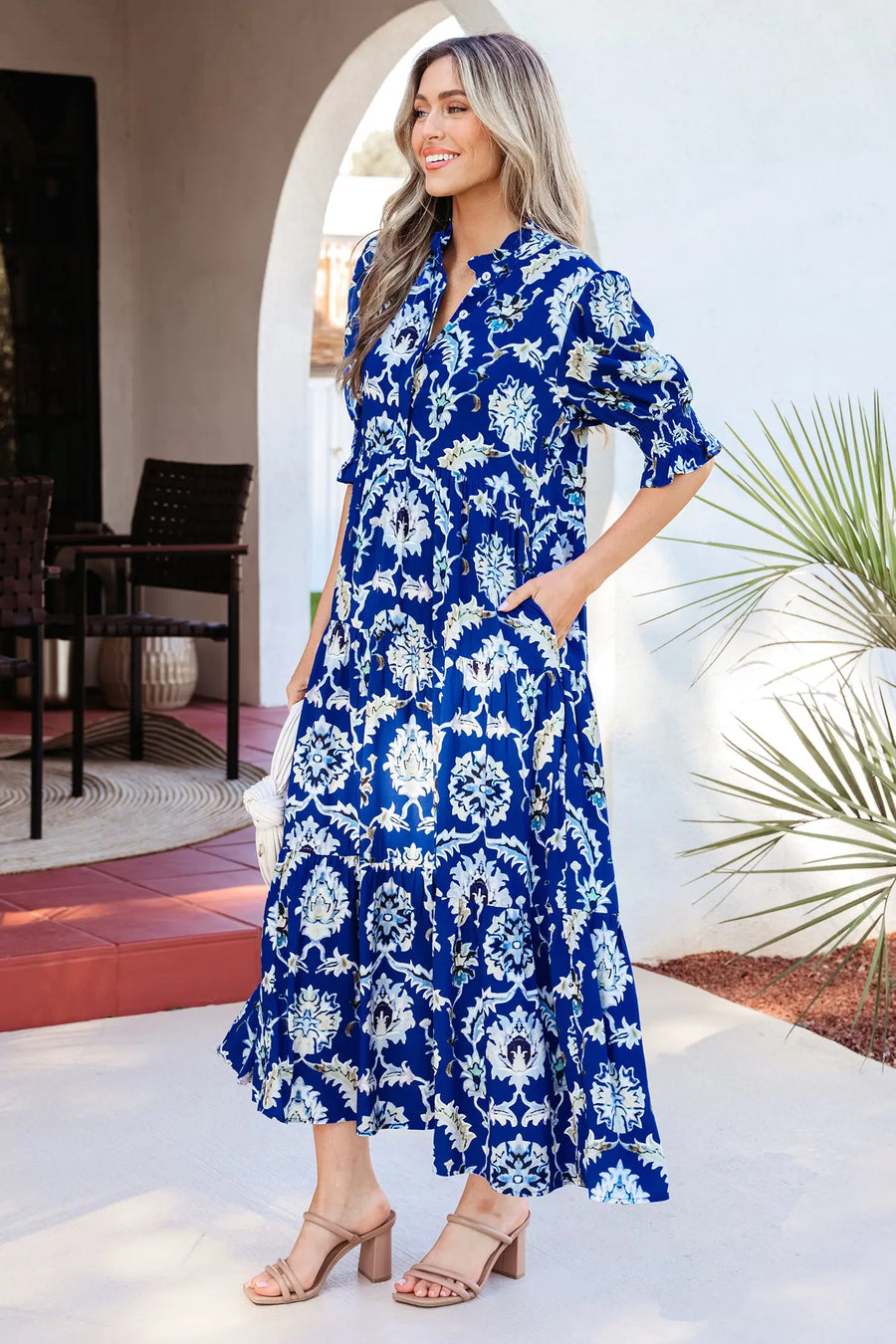 Blue Wild Floral Frilled Collar Half Sleeve Maxi Dress Women UK — side view