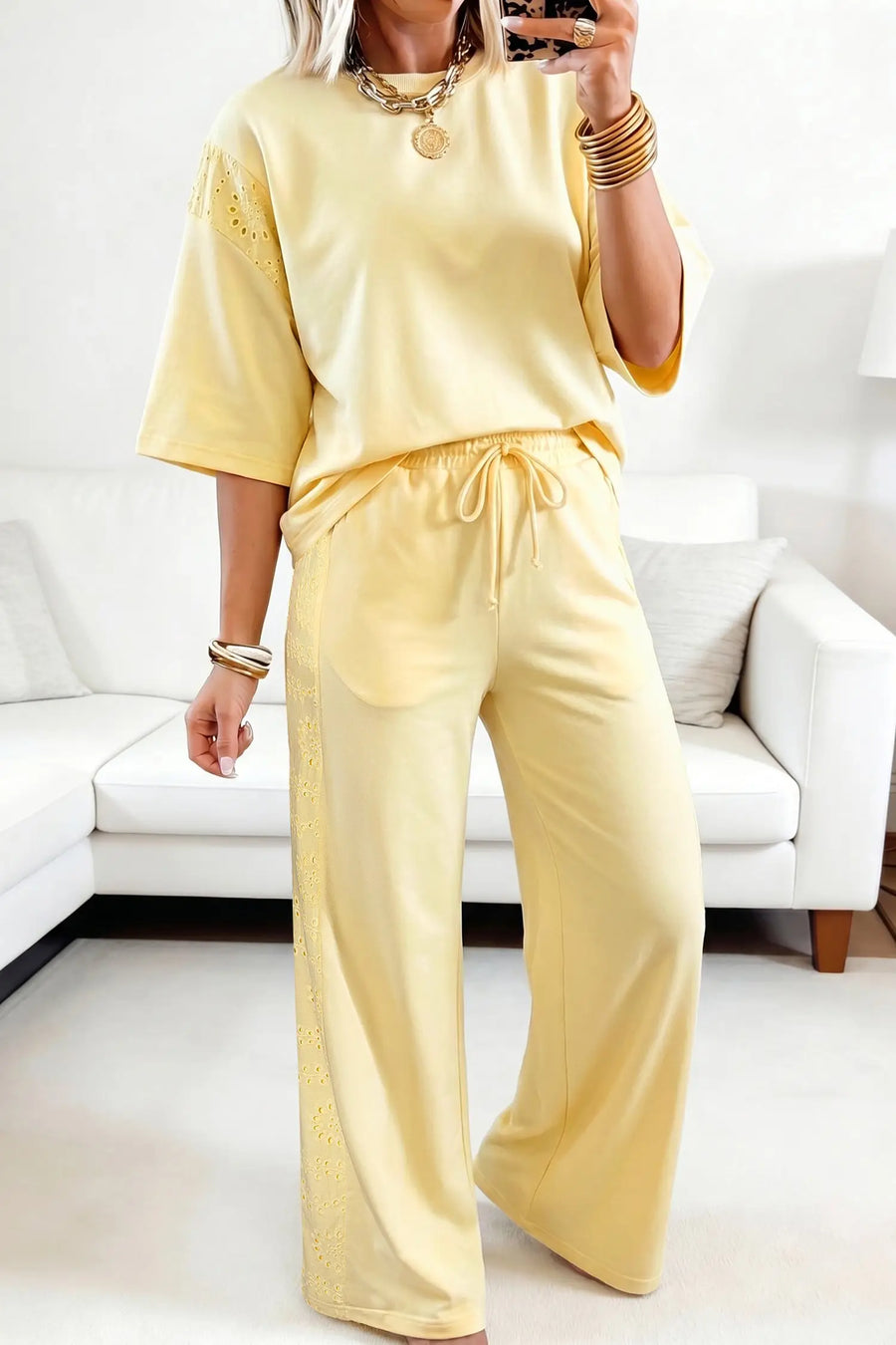 Lace Patchwork Half Sleeve Top & Wide Leg Pants Two Piece Set — close-up third option | Fashionfitz UK