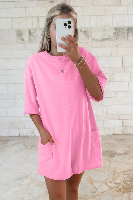 Raw edge half sleeve pocketed loose romper one-pieces