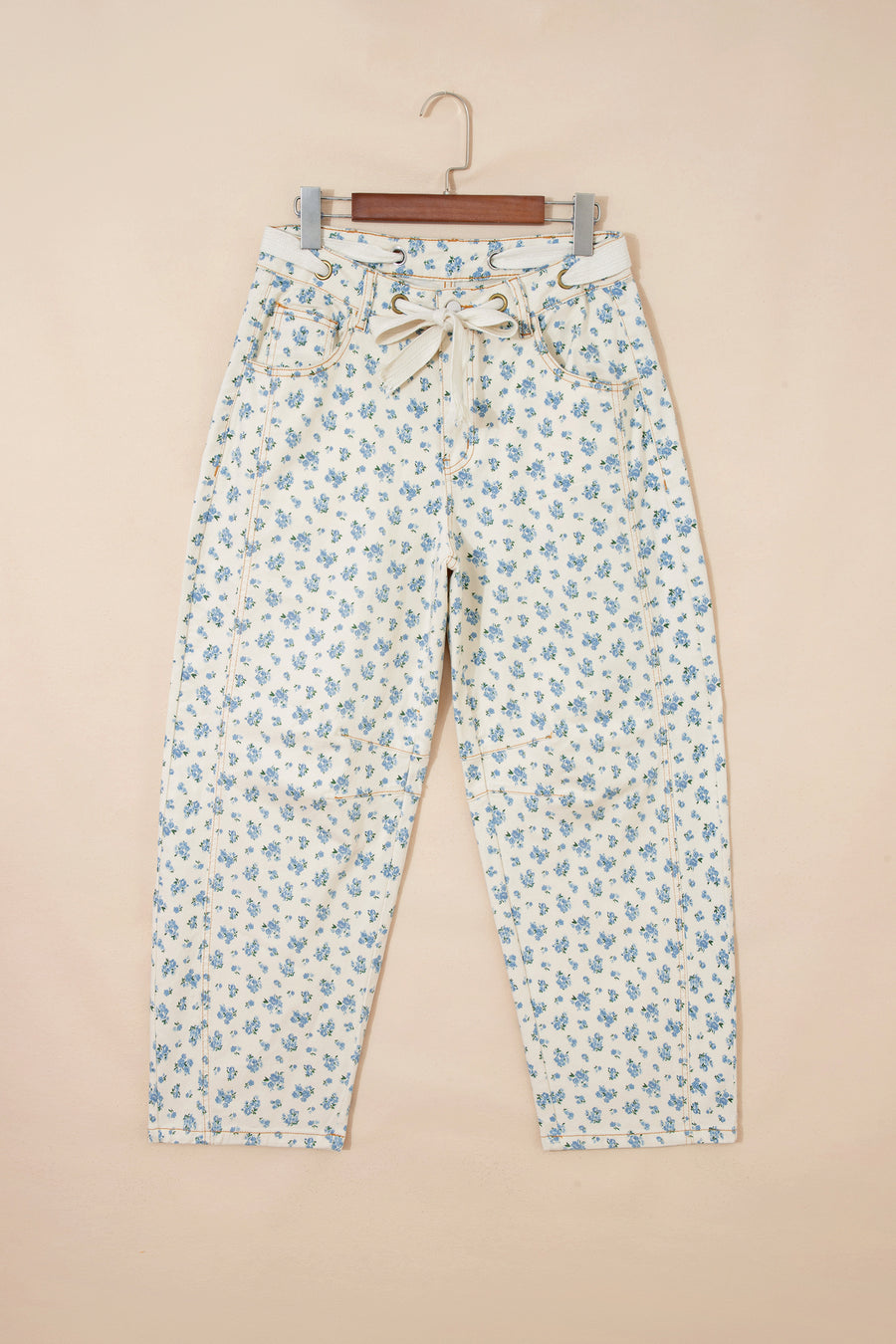 Grommet Knot Waist Floral Barrel Leg Jeans