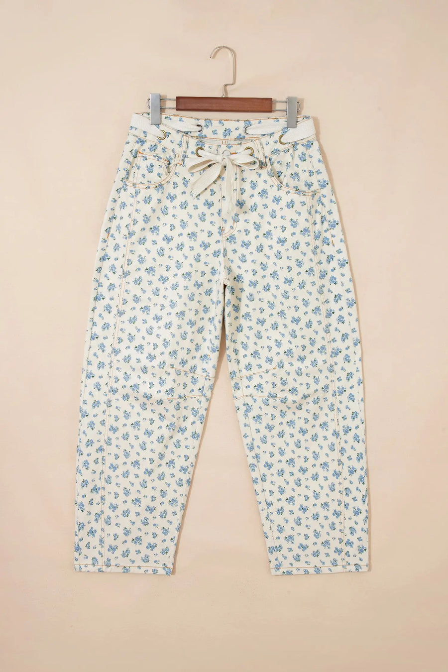 Grommet Knot Waist Floral Barrel Leg Jeans