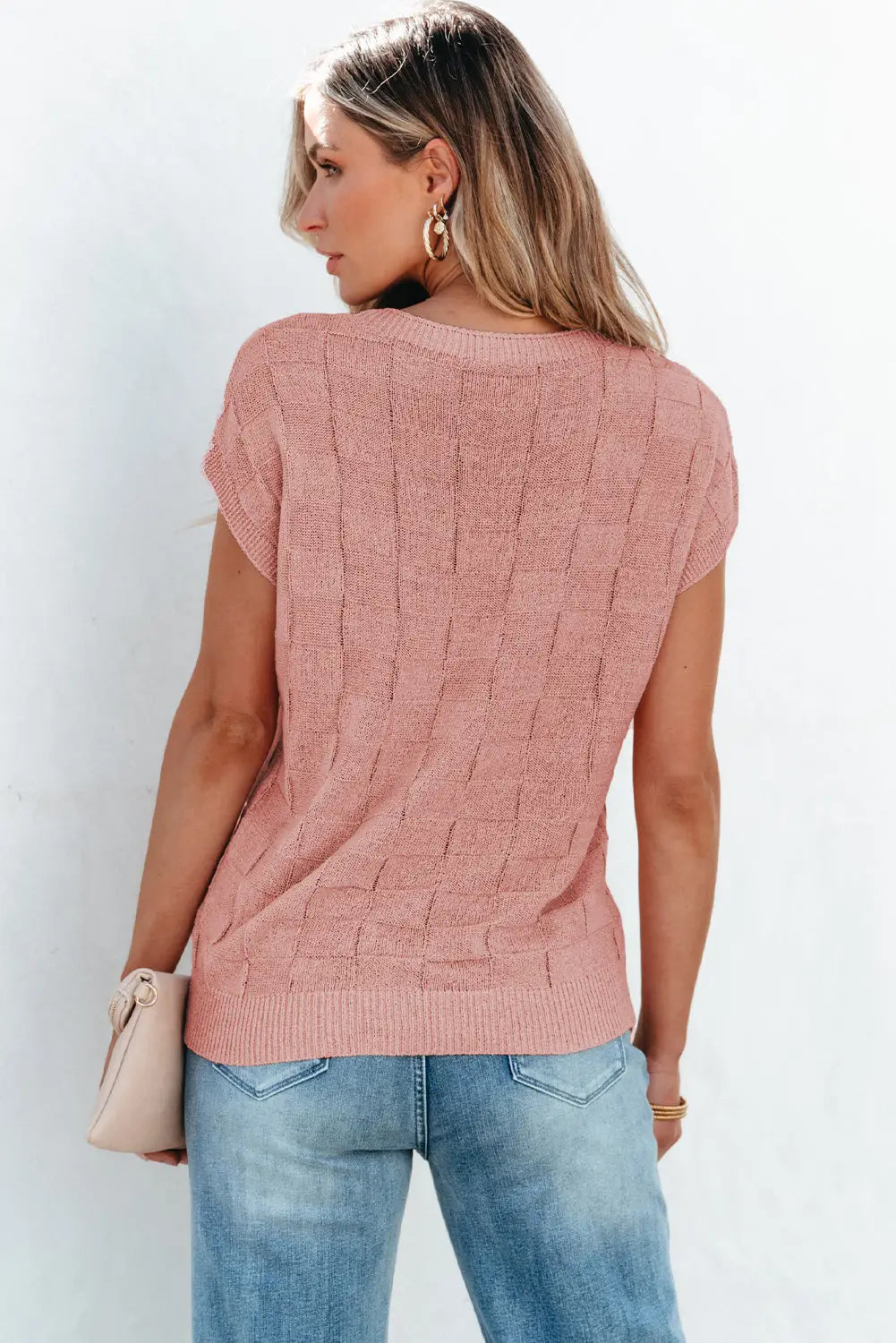 Dusty pink lattice knit short sleeve sweater sweaters