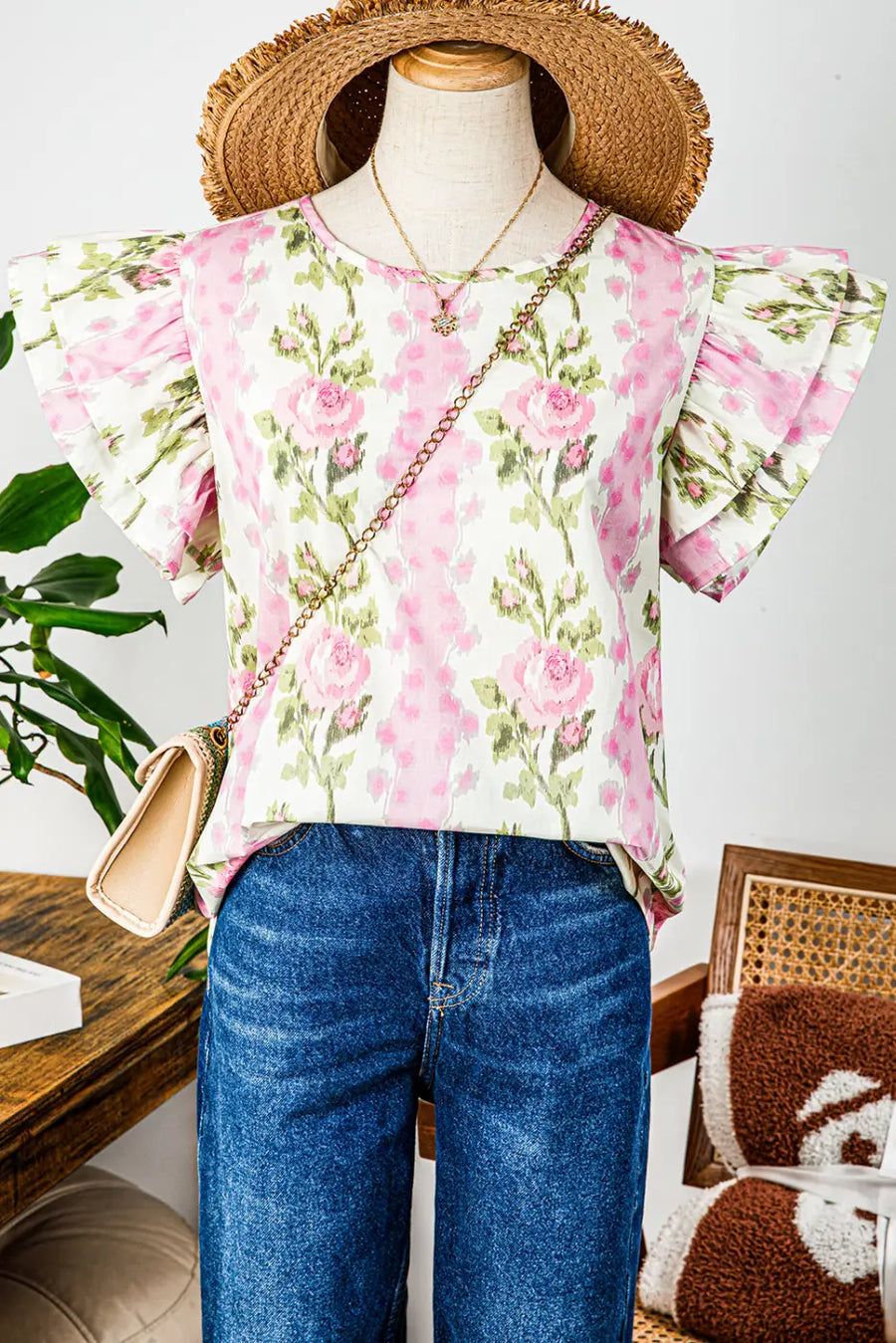 Floral ruffled sleeve top - summer essentials | versatile women’s wear