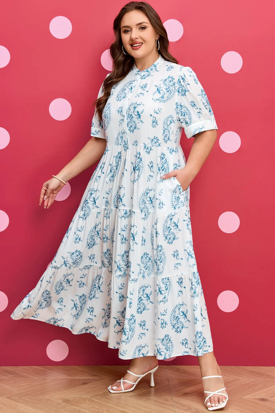 Sky Blue Plus Size Geometric Floral Split Neck Maxi Dress Women UK — side detail