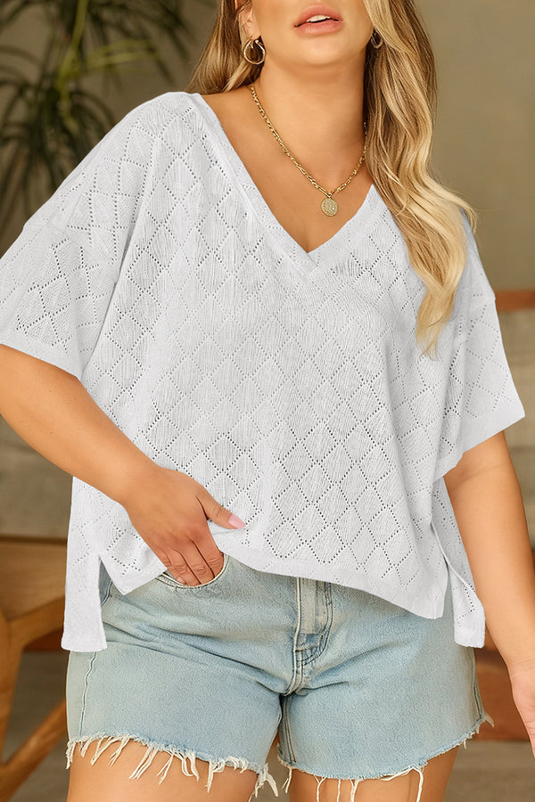 Pointelle rhombus knit V neck loose plus size top in white — front view