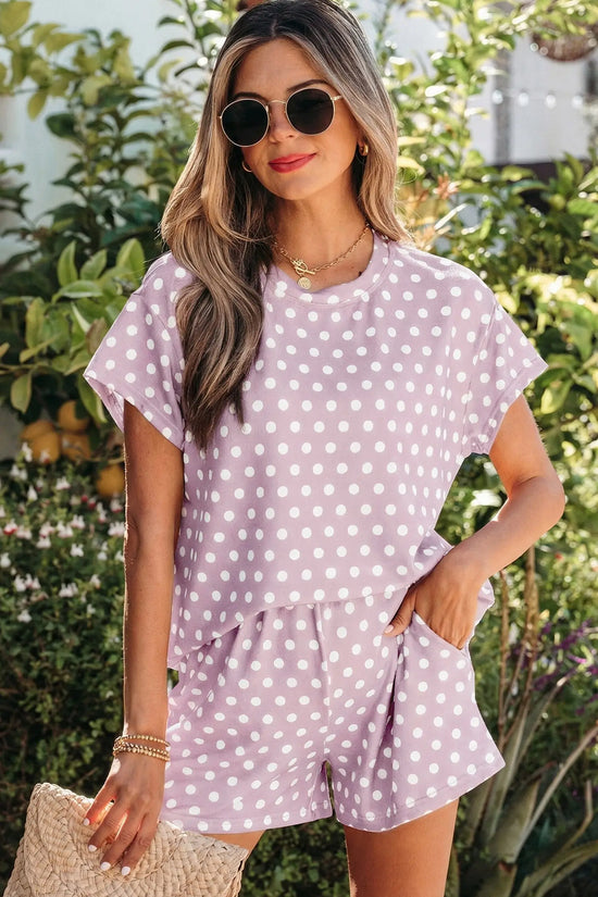 Purple polka dot print short set