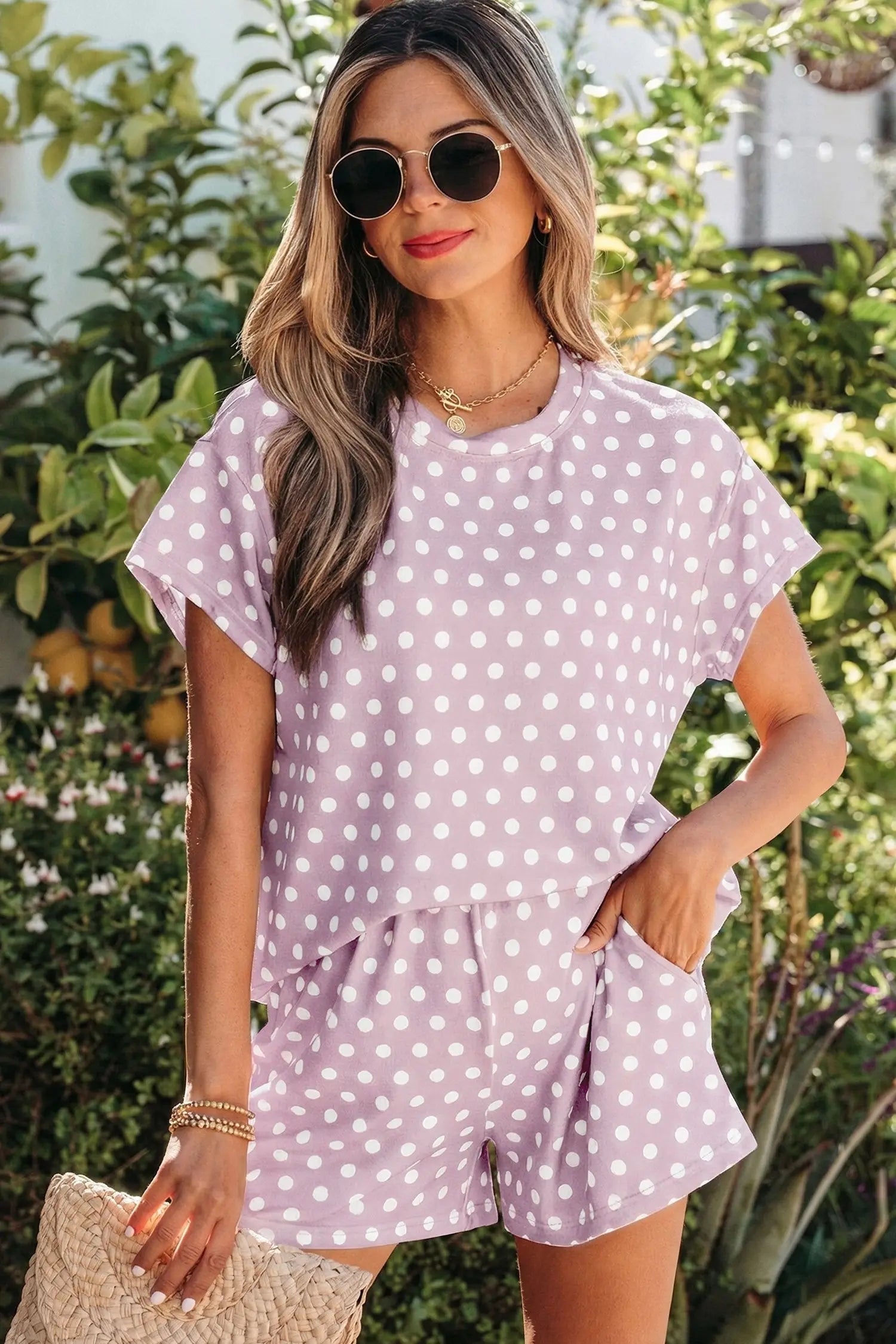 Purple polka dot print short set