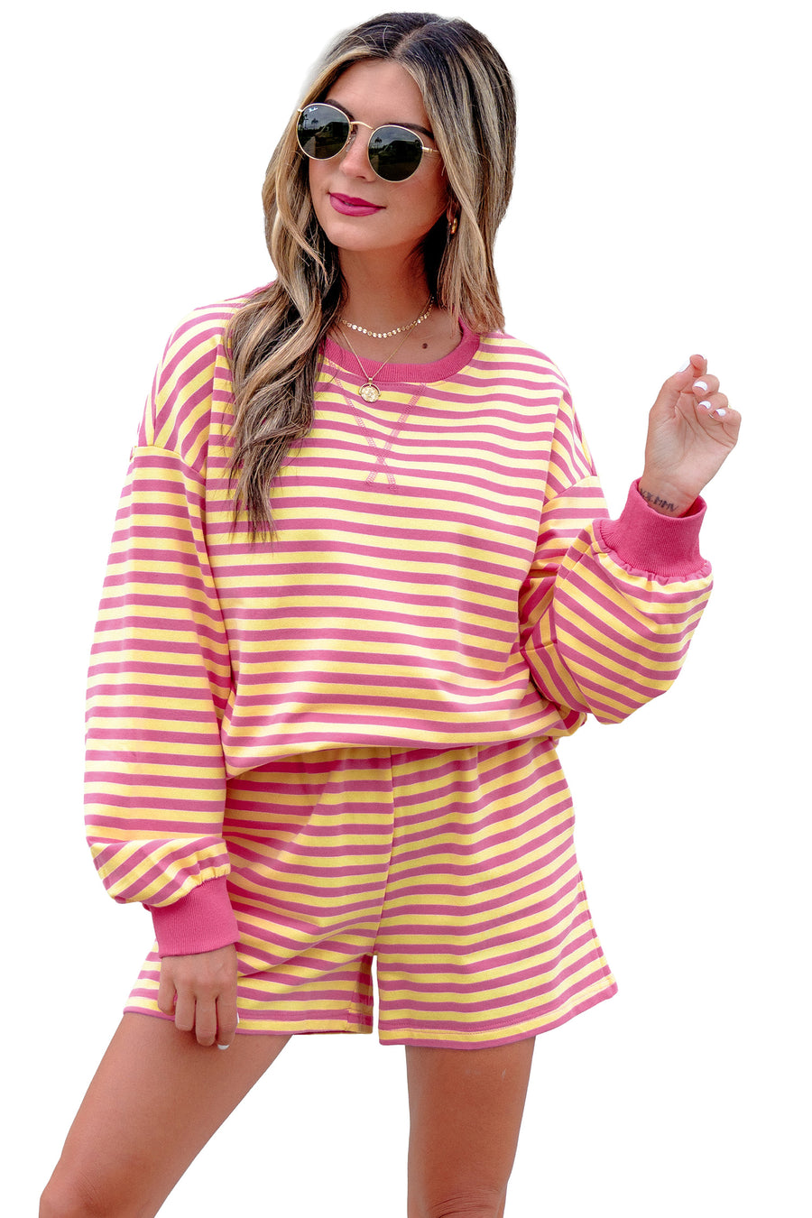 Yellow Stripe Colour Block Long Sleeve Top & Casual Shorts Set Women UK