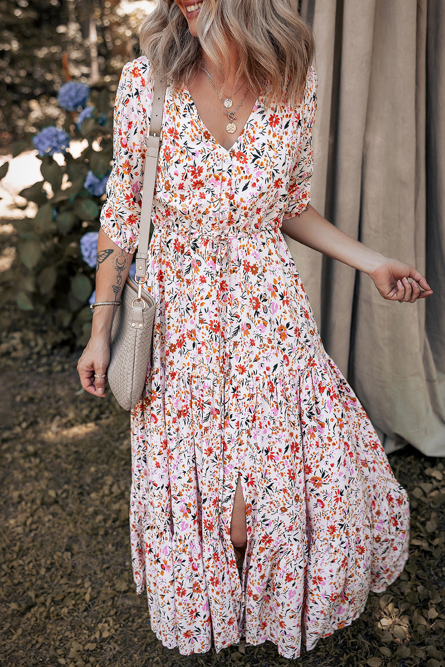 Red Boho Half Sleeve Floral V Neck Maxi Dress Women UK