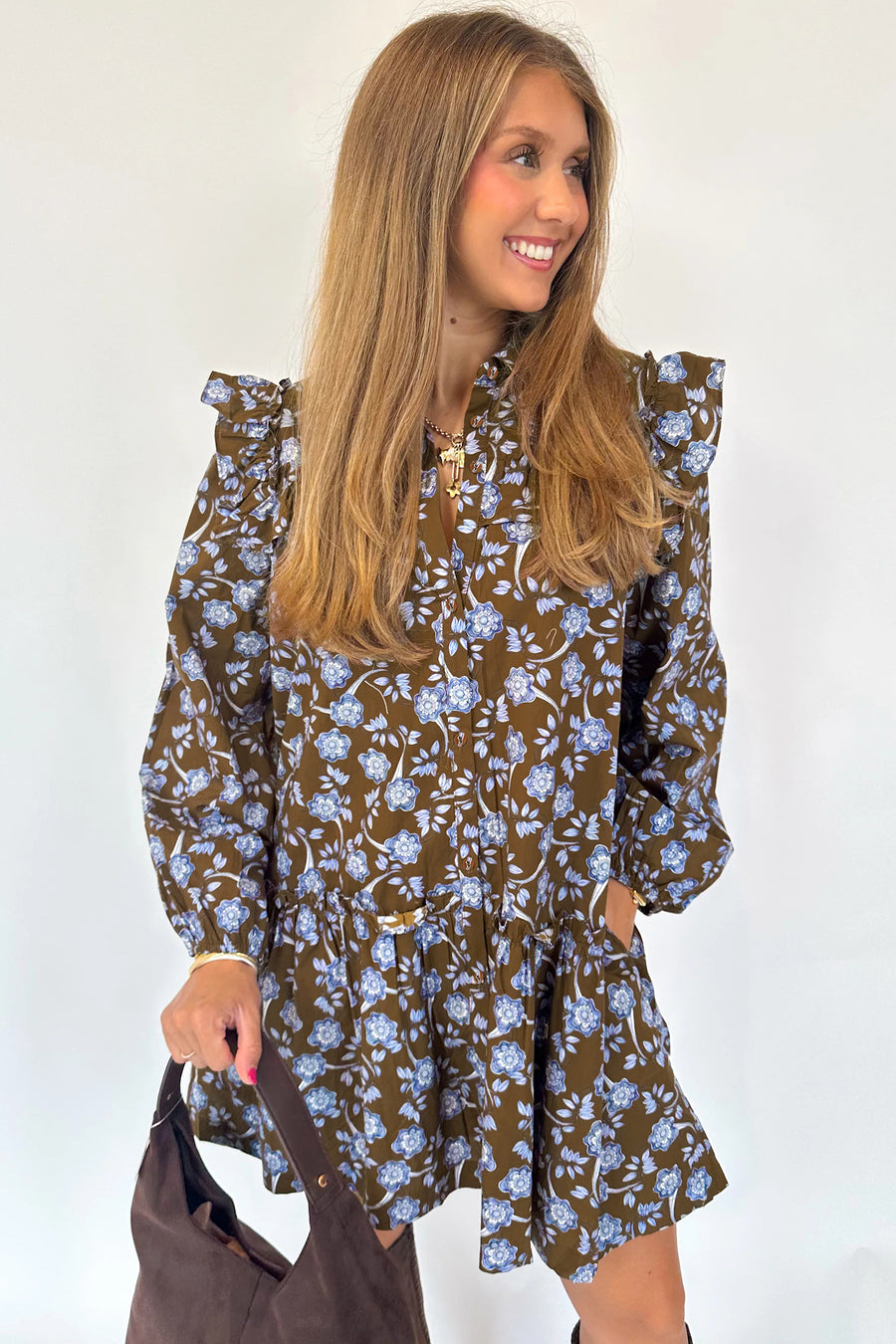 Brown Floral Shirt Collar Button Down Long Sleeve Dress Women UK — side detail