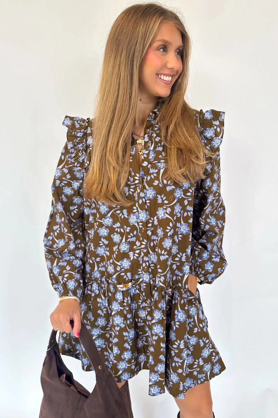 Brown Floral Shirt Collar Button Down Long Sleeve Dress Women UK — side detail