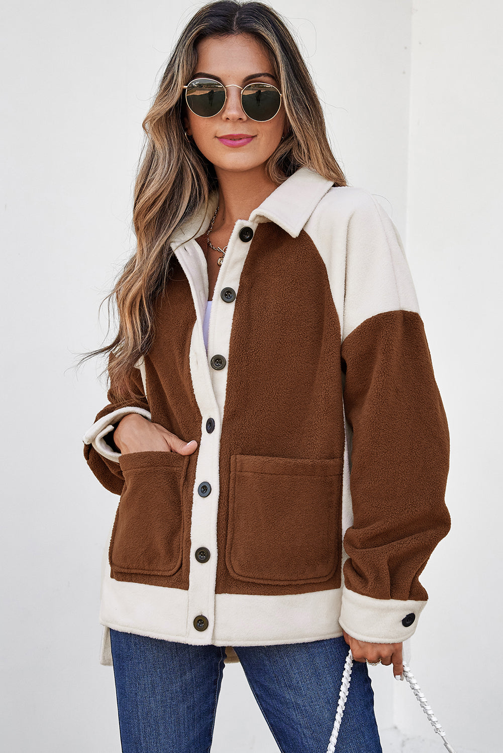 Brown Panels Fleece Shacket