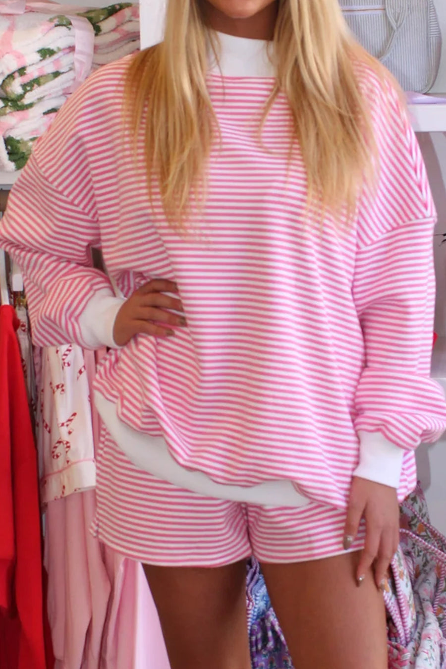 Stripe Oversize Mock Neck Sweatshirt & Shorts Co-Ord Set