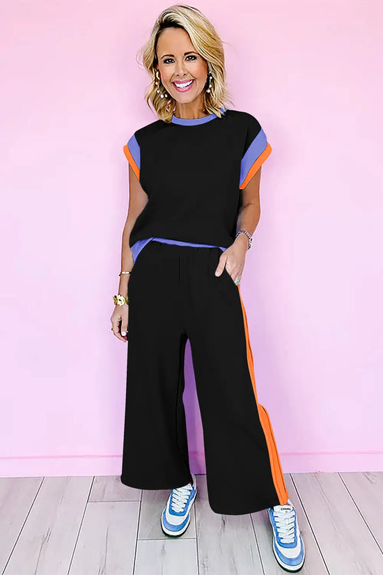 Colour block two piece set cap sleeve wide leg pants women uk