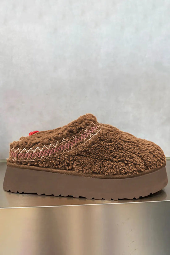 Embroidered sherpa plush winter slippers