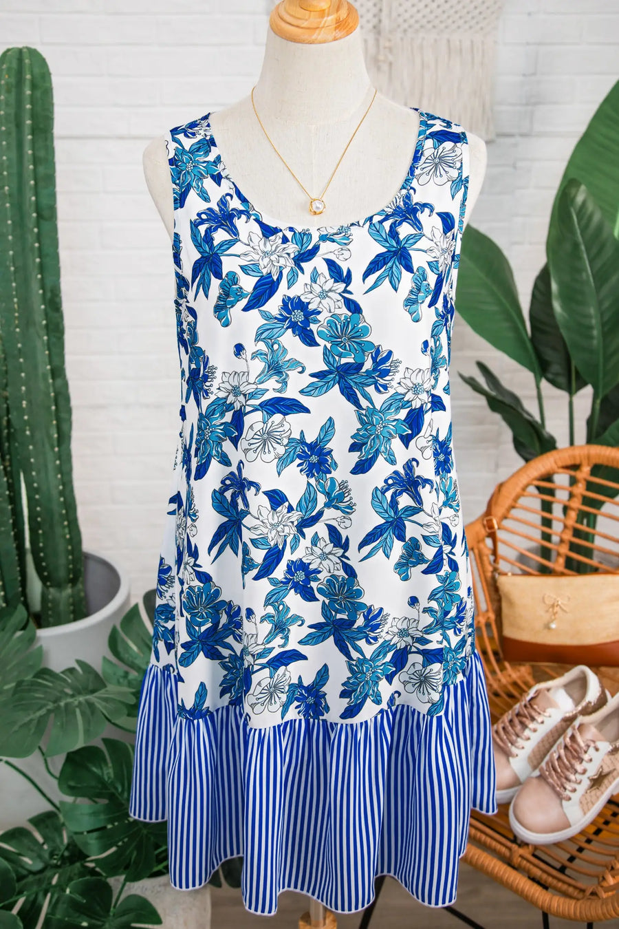 Sky Blue Floral U Neck Sleeveless Striped Ruffle Hem Dress Women UK — full length