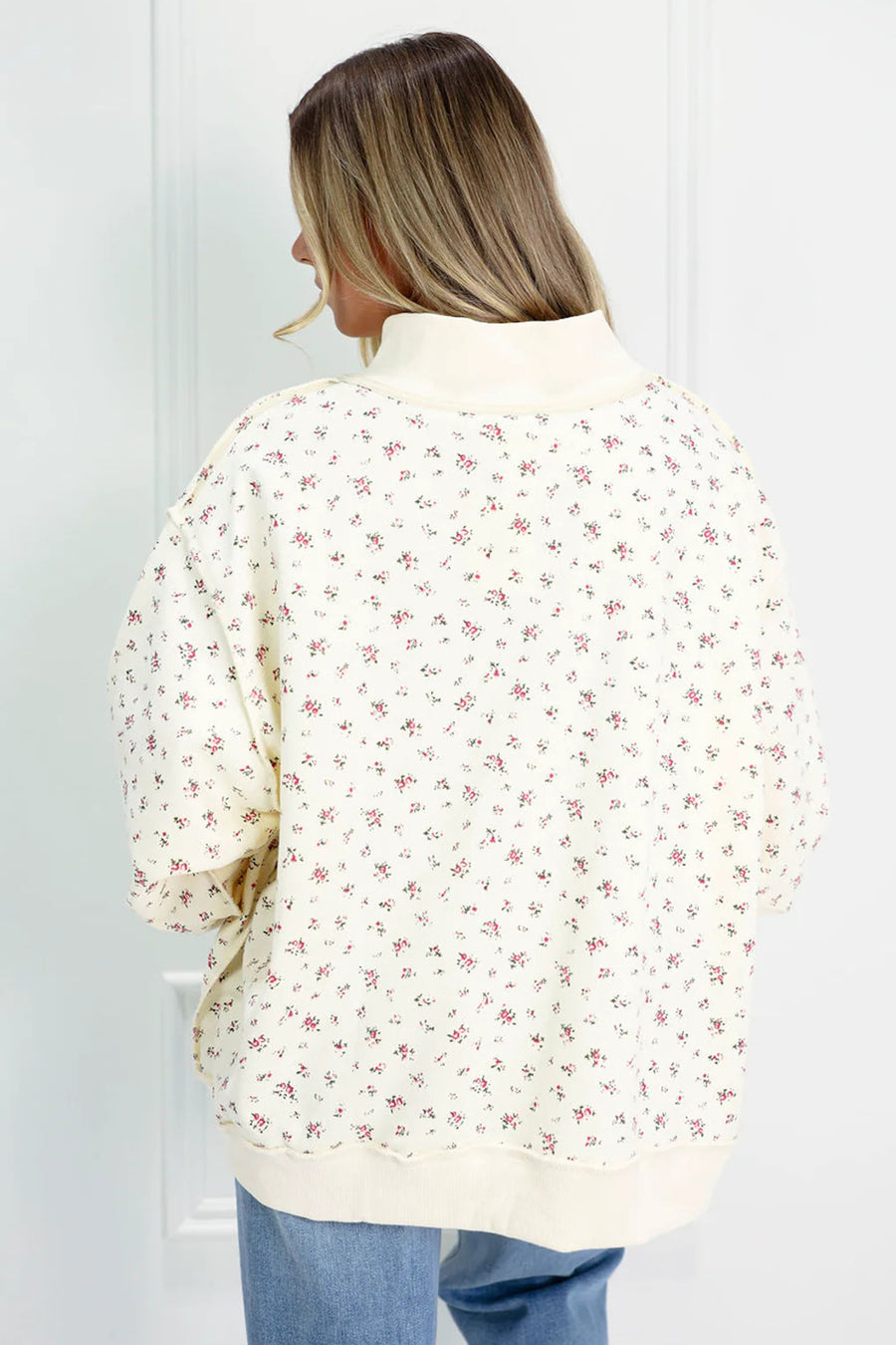 Beige Ribbed Floral Patchwork High Neck Baggy Sweatshirt