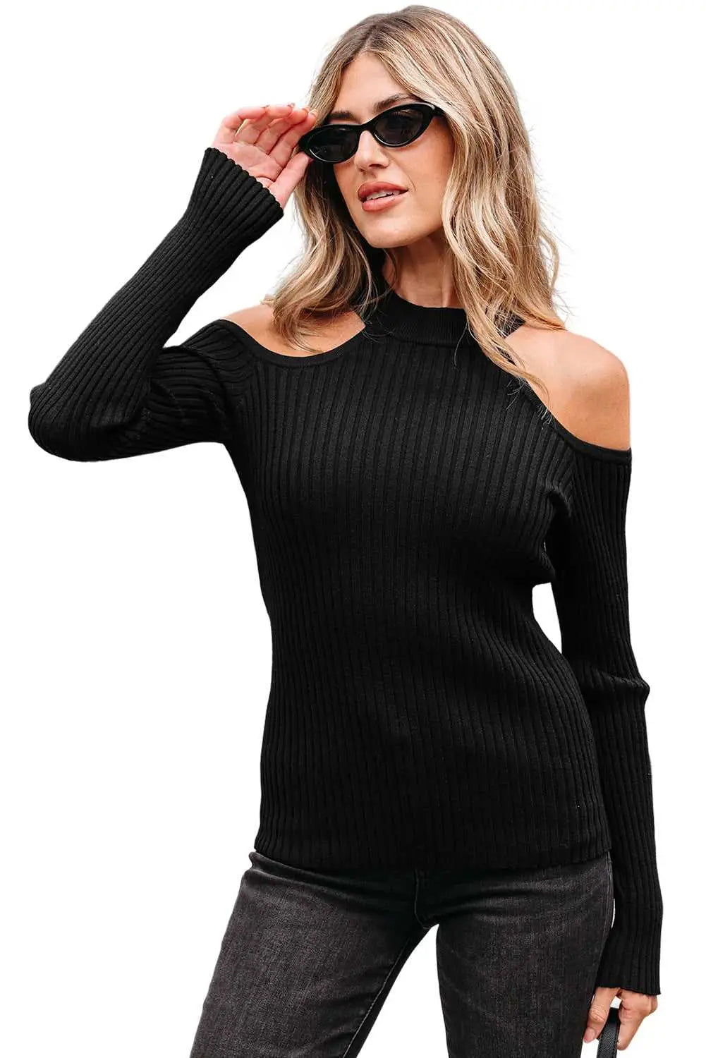 Black cold shoulder choker neck sweater sweaters