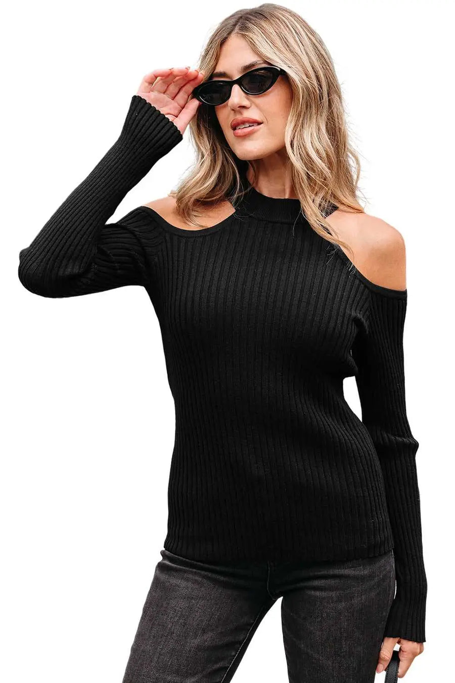 Black cold shoulder choker neck sweater sweaters