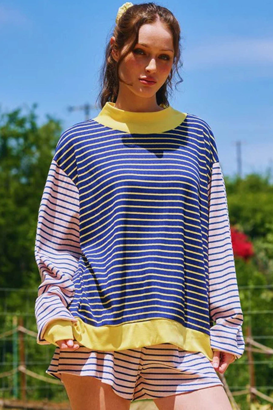 Stripe Colour Block Ribbed Knit Shorts Set