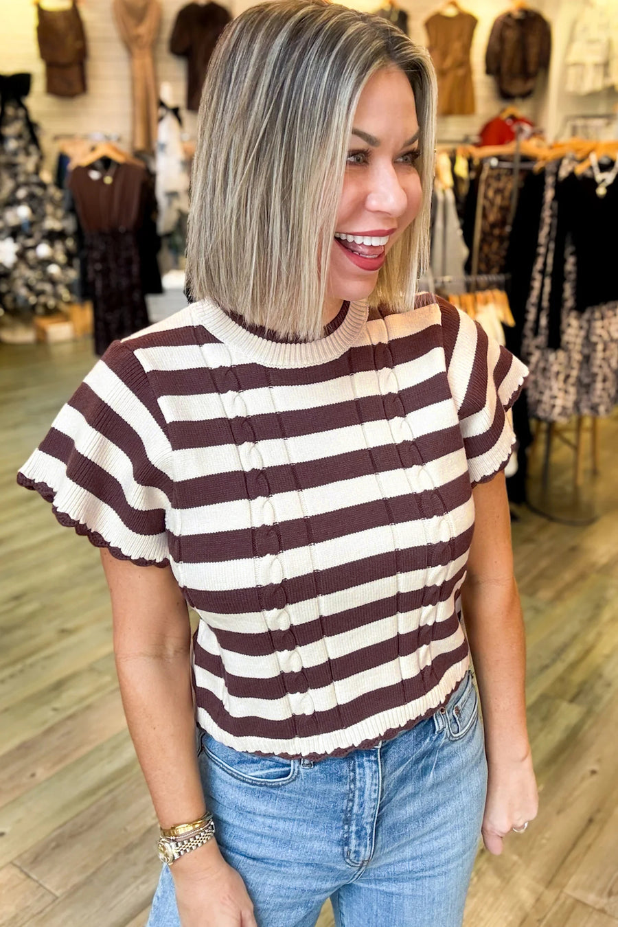Brown Stripe Ribbed Knit Cable Detail Short Sleeve Sweater