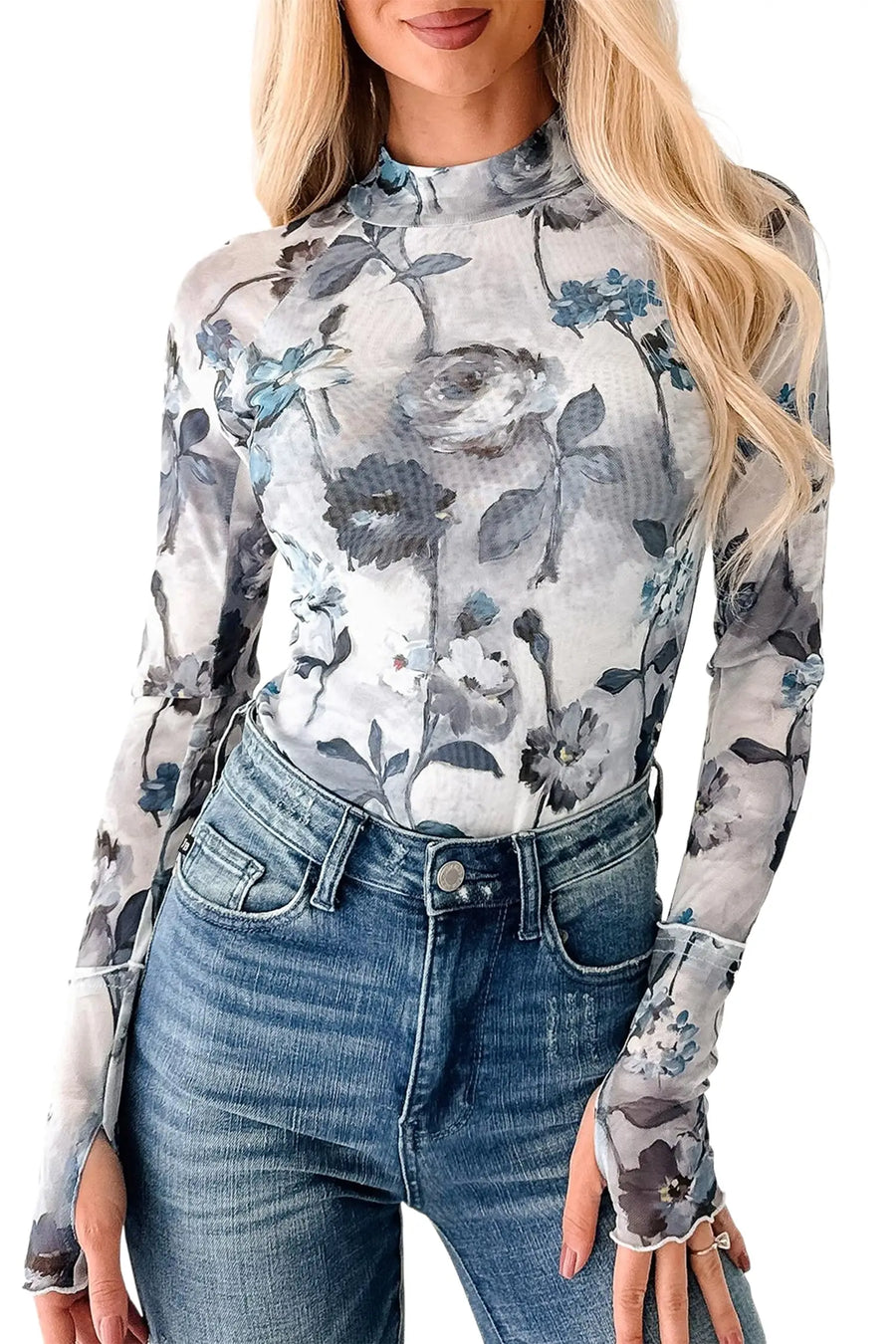 Sky Blue Floral Mesh High Neck Long Sleeve Sheath Top — angled view | Fashionfitz UK