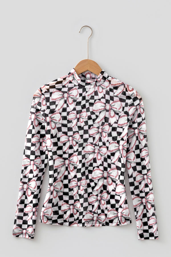 Plaid Baseball Bow Long Sleeve Mesh Top Women UK