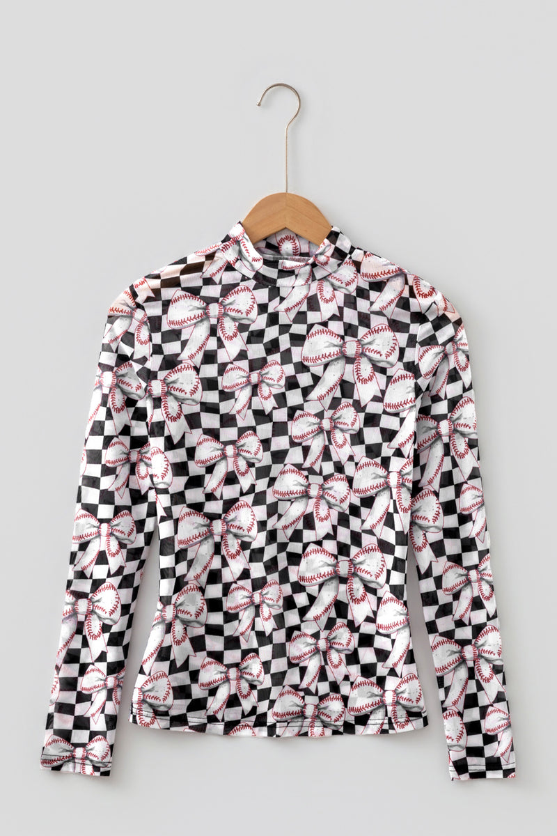 Plaid Baseball Bow Long Sleeve Mesh Top Women UK