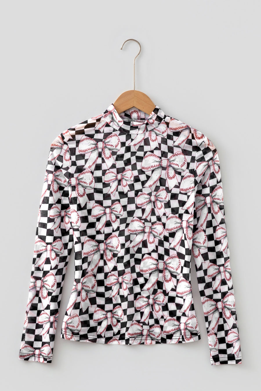 Plaid Baseball Bow Long Sleeve Mesh Top Women UK