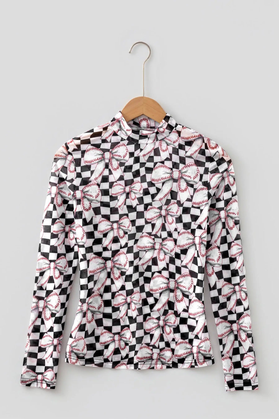 Plaid Baseball Bow Long Sleeve Mesh Top Women UK