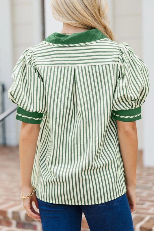 Close-up of green stripe bubble sleeve and collared split neck detail on lightweight blouse Fashionfitz UK
