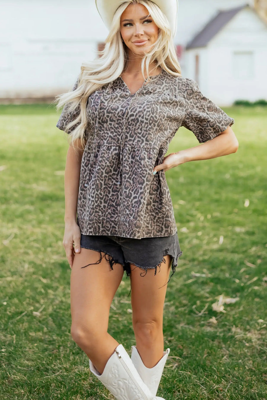 Brown leopard tie neck short puff sleeve denim babydoll top