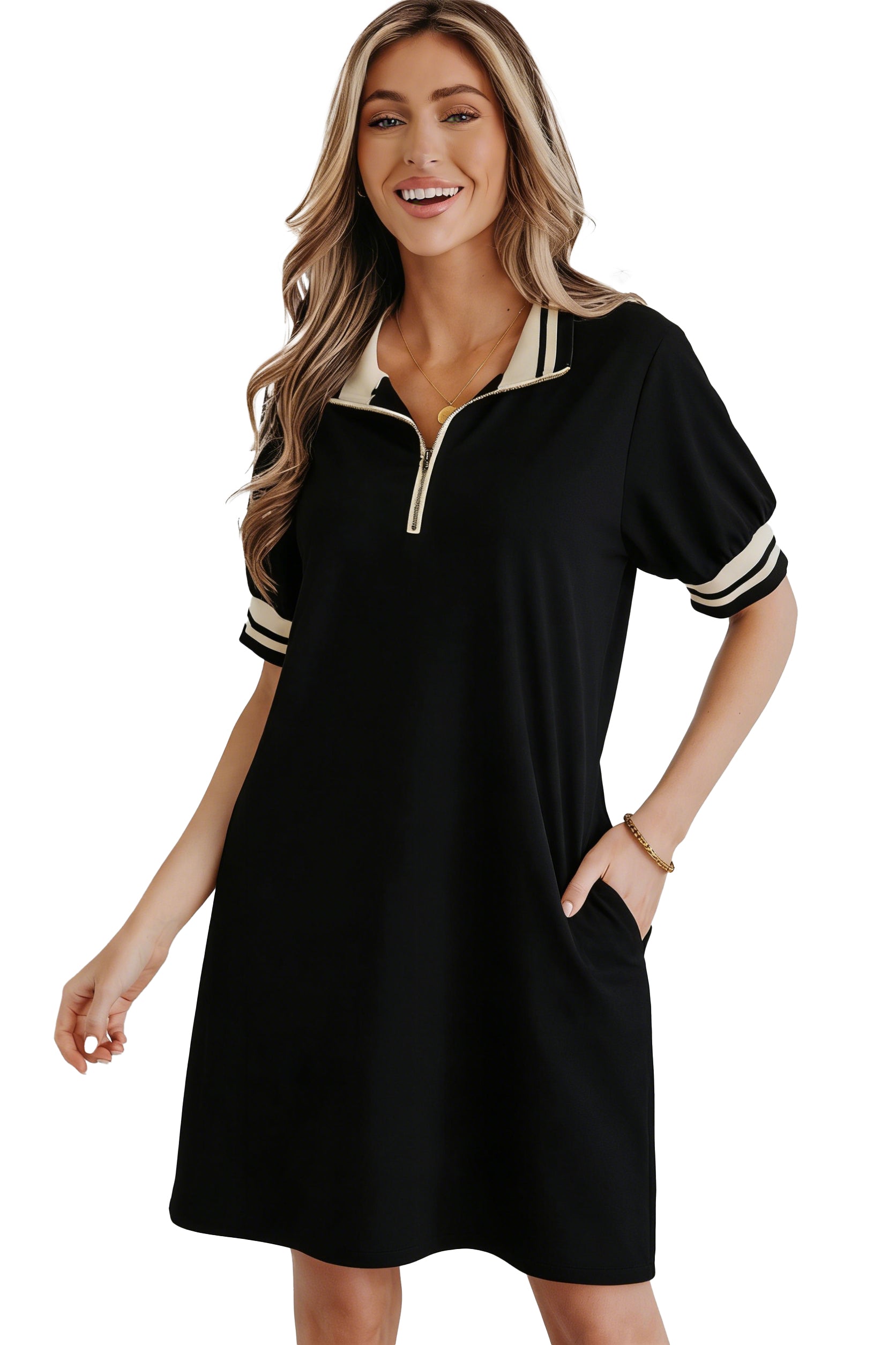 Women's striped polo dress detail view collar and trim