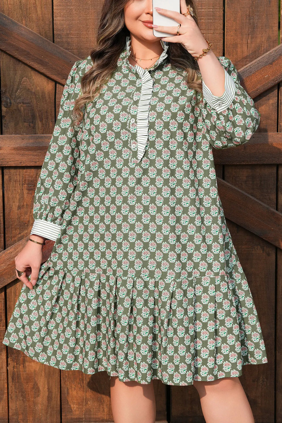 Green Plus Size Floral Frilled Collar 3/4 Sleeve Dress Women UK — full length