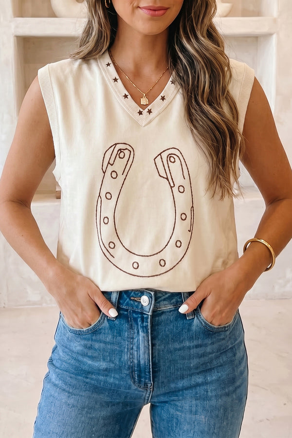 Western embroidered tank top — horseshoe detail close-up, side view