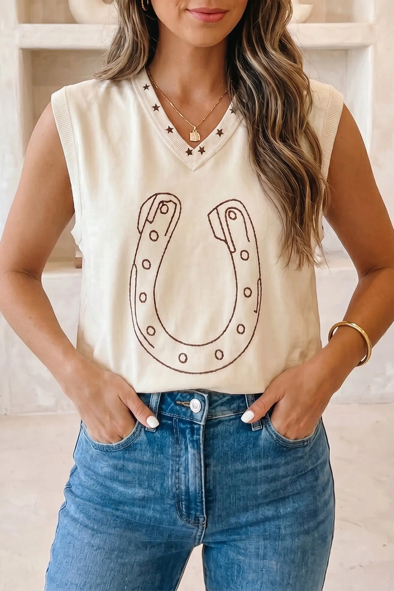 White horseshoe embroidered star trim tank top back view — Fashionfitz UK