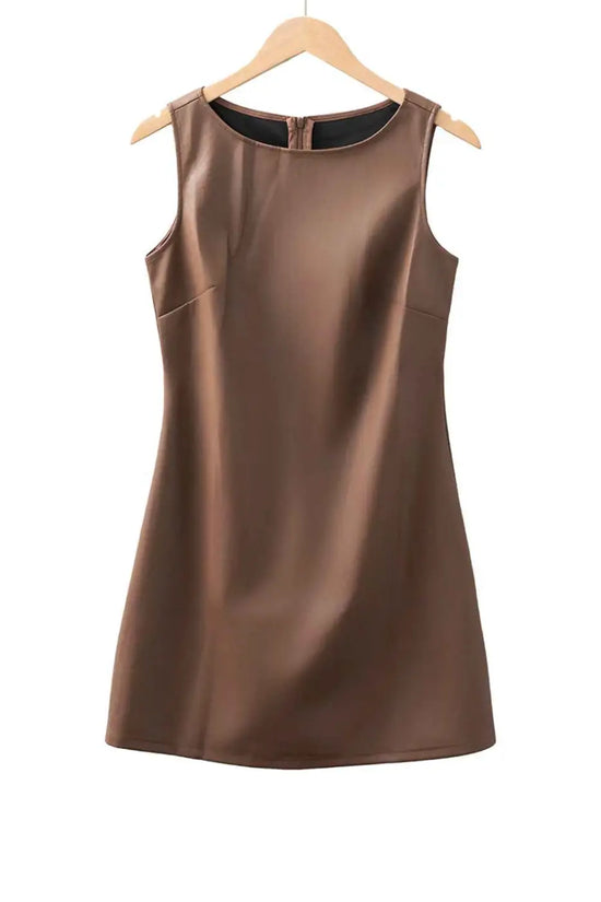 Brown faux leather sleeveless mini dress | fashionfitz