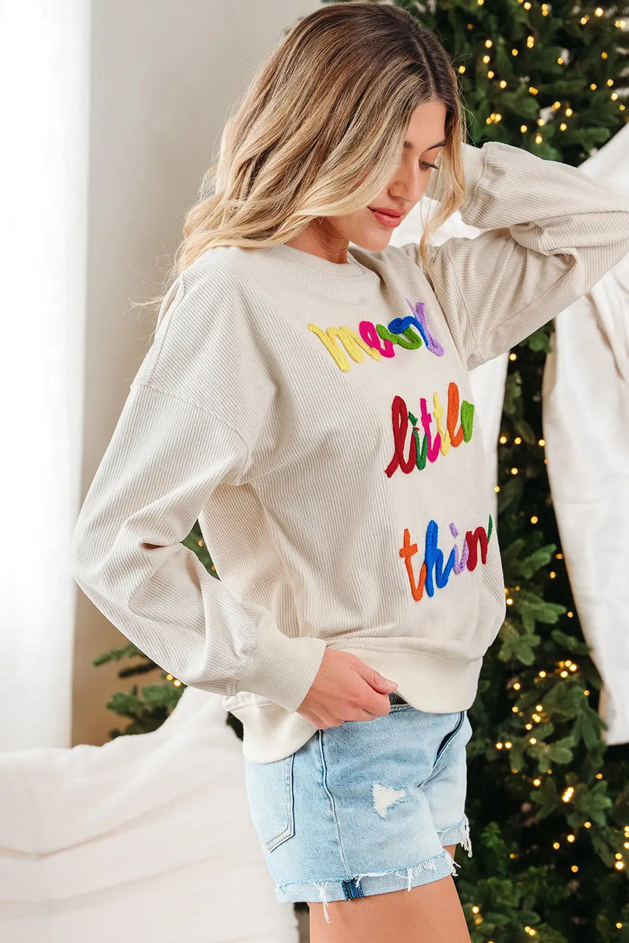 Beige Merry Little Thing Corded Graphic Ribbed Sweatshirt Women UK
