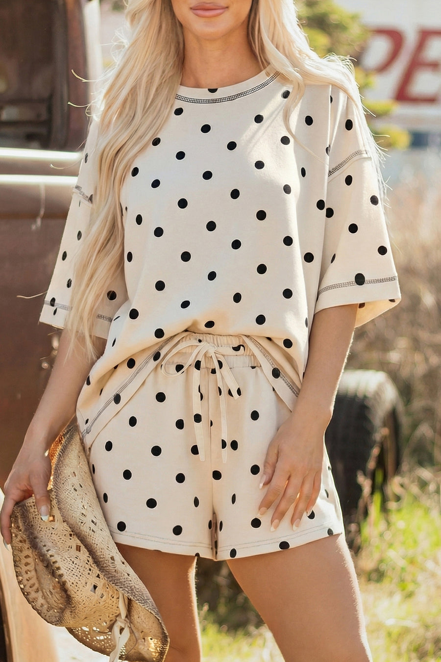 Polka Dot Exposed Seam Loose Tee Drawstring Shorts Two-Piece Set