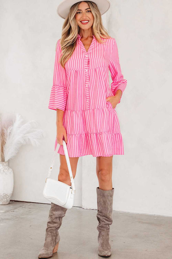 Pink striped tiered flowy mini dress women