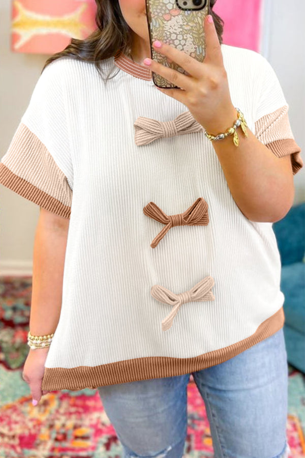 Bowknot applique plus size ribbed top in apricot — front view